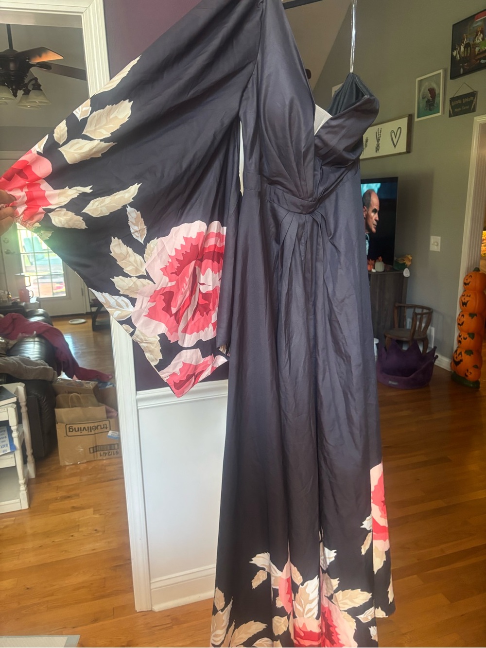 Black Floral Maxi Dress with Pink Rose Print